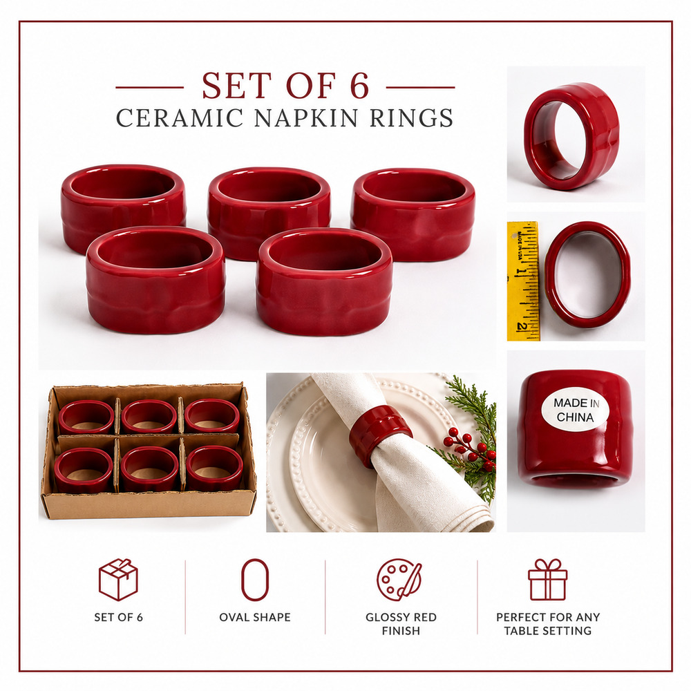 Set of 6 Red Ceramic Napkin Rings Glossy Burgundy Oval Table Setting Holiday Din